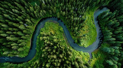 Fototapeta premium Serene Aerial View of Winding River Surrounded by Lush Green Forest and Vibrant Vegetation in Tranquil Nature Landscape