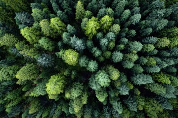 Lush Green Forest Canopy from Above with Dense Coniferous Trees and Vibrant Foliage in Natural Wilderness Environment
