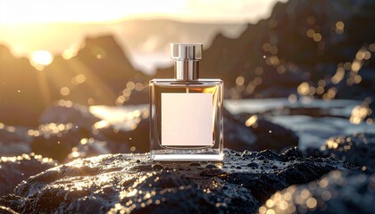 Elegant glass fragrance bottle mock-up on a rocky shore, bathed in the warm, golden glow of a seaside sunset, creating a luxurious product display