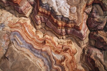 Colorful sedimentary rock formations displaying intricate patterns and textures in natural landscape from an aerial perspective