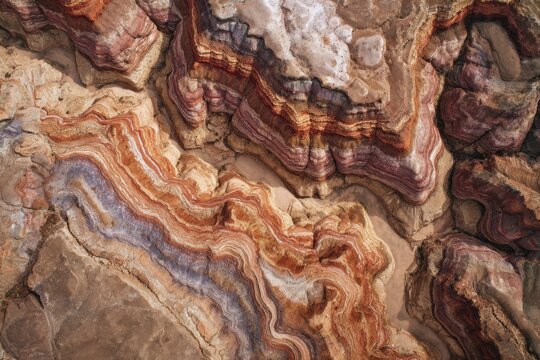 Colorful sedimentary rock formations displaying intricate patterns and textures in natural landscape from an aerial perspective
