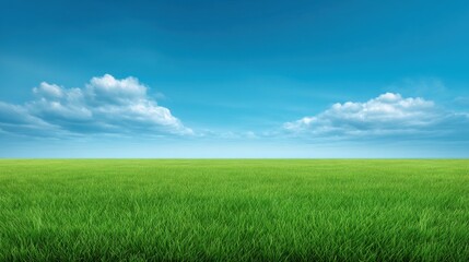Fototapeta premium Lush Green Grass Field Under a Bright Blue Sky with Fluffy White Clouds and a Serene Atmosphere Perfect for Nature Themes and Landscape Photography
