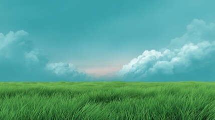 Obraz premium Lush Green Grass Field Under Vast Sky with Soft White Clouds and Gentle Sunlight Creating a Serene Nature Landscape Perfect for Relaxation and Inspiration