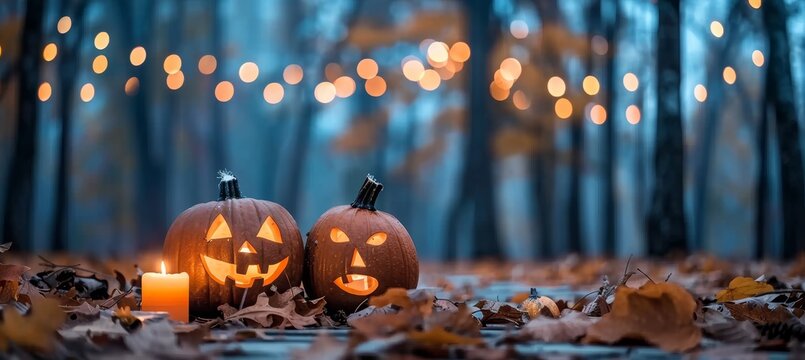 Eerie nighttime forest path adorned with glowing pumpkins creating a cinematic horror atmosphere