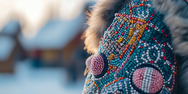 Colorful beaded traditional garment in winter alaska native culture