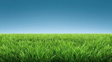 Fototapeta premium Lush Green Grass Under Clear Blue Sky, Vibrant Landscape with Freshness and Nature's Beauty, Perfect for Outdoor and Environmental Themes