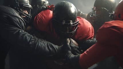 American Football Player Wearing Red Jersey Running Through Defensive Players in Intense Game