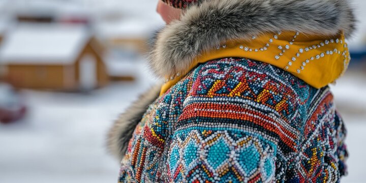 Alaskan native woman wearing traditional beaded kuspuk in winter village