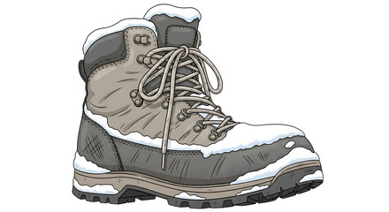 Illustration of a winter hiking boot with snow and dark background