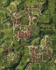 Obraz premium Aerial View of Lush Green Landscapes with Vineyards and Rustic Villages Surrounded by Serene Water Bodies and Rolling Hills