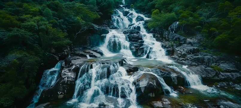 Aerial view of a breathtaking waterfall surrounded by lush greenery, a perfect nature travel spot