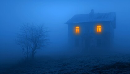 Cinematic halloween haunted house exterior with glowing windows on a foggy night atmosphere