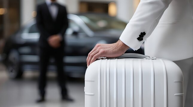A businessman in a stylish white suit holding his suitcase upon arrival, with a chauffeur waiting by a luxury car