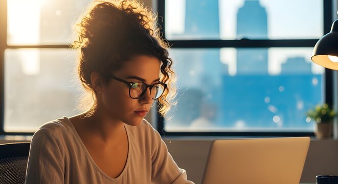 Young professional woman with glasses intently focused on her laptop screen in a sunlit urban office - Powered by Adobe