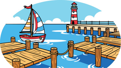 Sailboat And Lighthouse At The Wooden Pier On A Sunny Day With Blue Sky