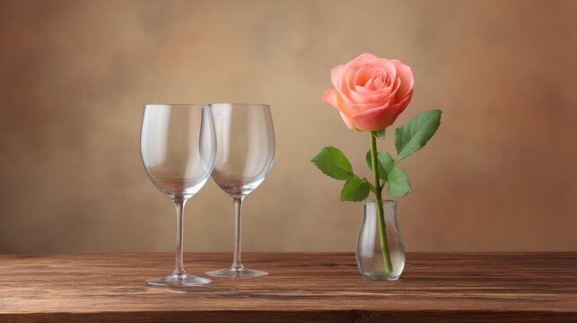 Romantic arrangement with two elegant wine glasses and a single pink rose in a small glass vase on a rustic wooden table background - Powered by Adobe