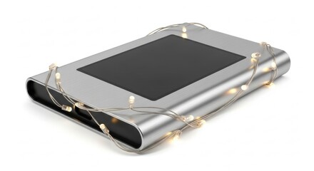A silver external hard drive wrapped in glowing warm white fairy lights on a white background.