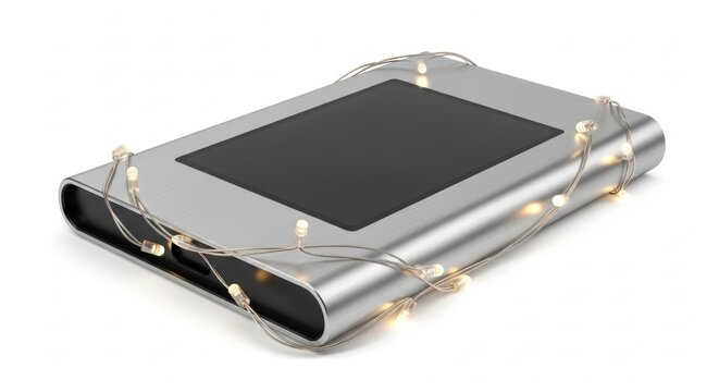 A silver external hard drive wrapped in glowing warm white fairy lights on a white background. - Powered by Adobe