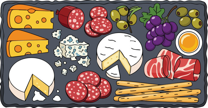 Cheese board platter with cured meats olives grapes and breadsticks overhead view flat lay