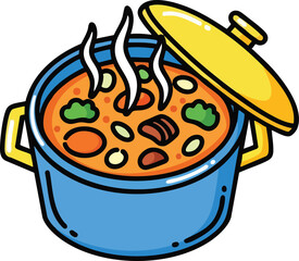 Illustration Of A Blue Cooking Pot Filled With Hearty Stew And Vegetables Steaming Hot Under A Yellow Lid