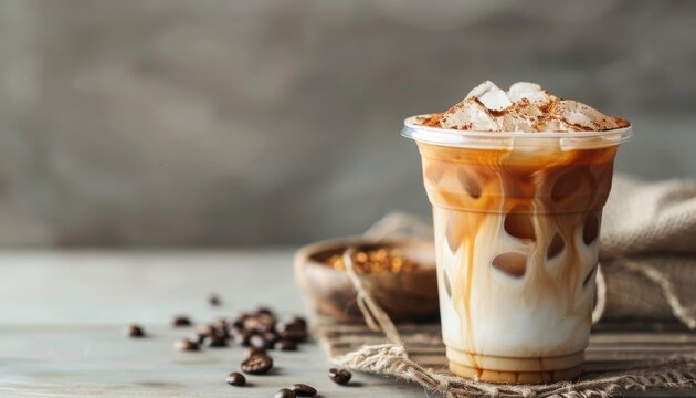 Refreshing summer iced coffee close up on rustic wooden table for perfect chill vibes