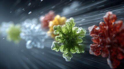 Colorful snowflake crystals sparkling with intricate detail, a stunning science visualization of water molecules in geometric patterns, great for winter themes