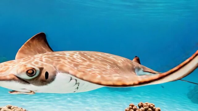 Majestic Manta Ray Glides Through Vast Ocean, Awe Inspiring Aquatic Wildlife Encounter, Serene Marine Animal Exploring Vibrant Underwater Sea, Peaceful Nature Fish, Evoking Wonder