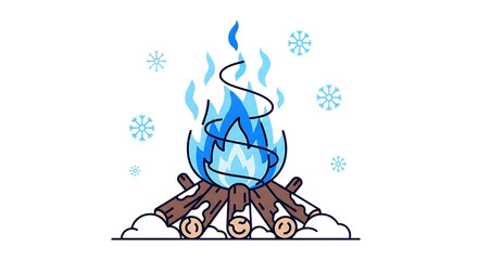 Cozy campfire illustration with snowflakes falling in a winter wonderland