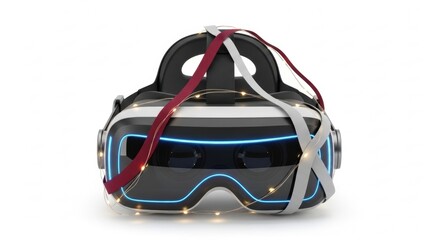 A modern virtual reality headset decorated with festive ribbons and glowing fairy lights on a clean white background.