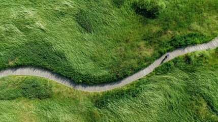 Obraz premium Serene Aerial View of Winding Path Through Lush Green Grassland in Bright Daylight