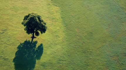 Isolated Tree in Lush Green Field Under Bright Sunlight Casting Long Shadow on Grassy Terrain
