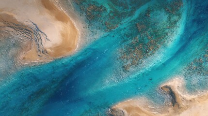 Aerial View of Turquoise Water Flowing Through Sandy Shorelines and Vibrant Coral Reefs in a Serene Coastal Landscape