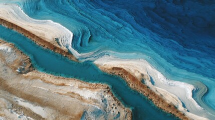 Aerial View of Colorful Turquoise Waters and Sandy Shores in Stunning Contrast with Unique Patterns and Textures