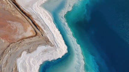 Aerial View of Stunning Contrast Between Turquoise Water and White Saline Shoreline of a Beautiful Coastal Area