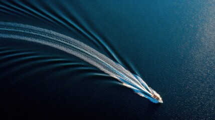 Boat Creating Waves in Blue Water, Aerial View of Water Trail Behind Speeding Vessel in Calm Sea Environment