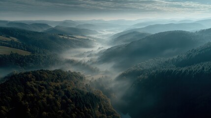 Misty Morning Landscape Over Rolling Hills and Valleys with Soft Fog Lifting from Trees in Beautiful Natural Scenery