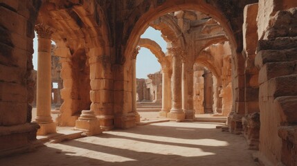 Fototapeta premium Ancient stone architecture in a historical ruins site under clear blue sky with partial sunlight illuminating intricate columns and arches