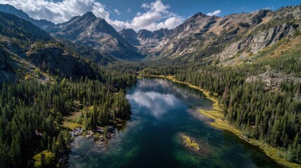 Serene Mountain Lake Surrounded by Lush Forest and Majestic Peaks Under a Bright Sky with Fluffy Clouds