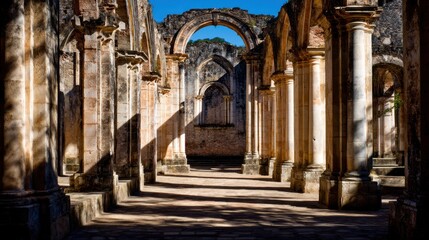 Fototapeta premium Stunning view of ancient ruins showcasing majestic arches and elegant columns under a clear blue sky, highlighting architectural beauty and historical significance