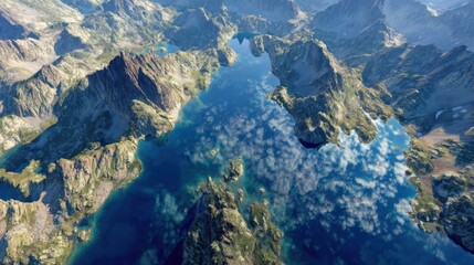 Aerial View of Majestic Mountains and Serene Lake Surrounded by Lush Greenery and Crystal Clear Waters
