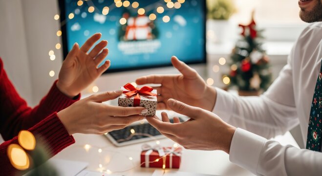 Close-up of two people exchanging a small Christmas gift in a festive office setting, surrounded by holiday decorations and lights. - Powered by Adobe