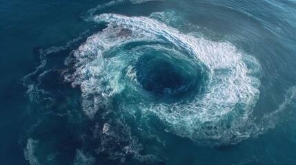 Majestic Ocean Swirl Forming Powerful Whirlpool in Deep Blue Waters Captured from Aerial Perspective