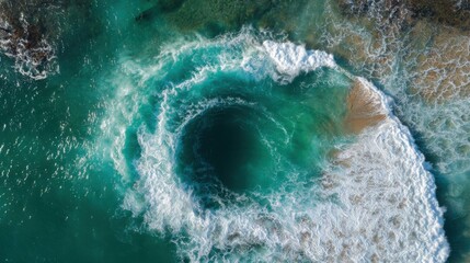 Aerial View of Ocean Swirl Creating Circular Motion in Turquoise Waters with Waves Crashing on Beach Shoreline