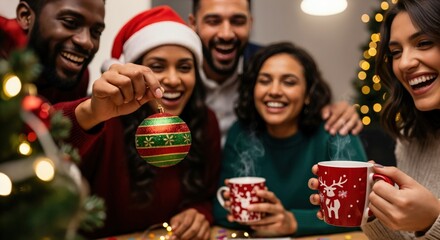 Joyful multi-ethnic young adult friends celebrating Christmas holidays, decorating a tree with ornaments and enjoying hot drinks together