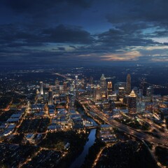 Aerial View of a Vibrant City Skyline at Twilight with Dazzling Lights and a Beautiful River Reflection
