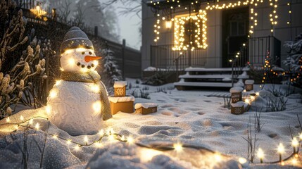 Charming snowy village adorned with christmas lights and children crafting a snowman in winter bliss