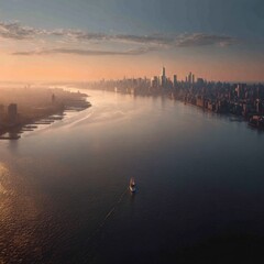 Stunning Aerial View of New York City Skyline at Sunset with Calm Water and Sailing Boat in the Foreground