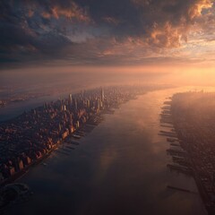 Aerial View of Urban Landscape at Sunset with City Skyline and Reflections in Water for Dynamic Cityscapes