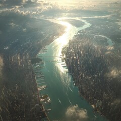 Aerial View of Urban Landscape with River and Dramatic Cloud Patterns Over Cityscape during Golden Hour