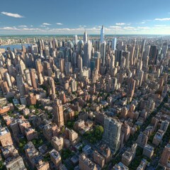 Aerial Cityscape View of Urban Skyline Featuring Skyscrapers and Green Spaces on a Clear Day Above Metropolis
